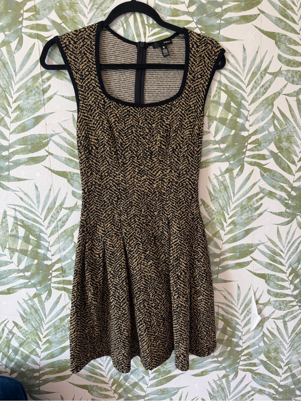 Aqua Black and Gold Textured Scoop Neck Fit-and-Flare Dress